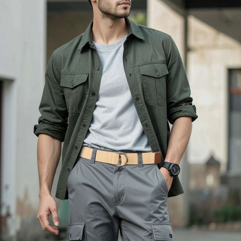 maikun Canvas Web Belt Silver Double D-ring Buckle 1 1/2 Inch Wide, Cloth Khaki Mens Belt, Length 120cm - Image 2